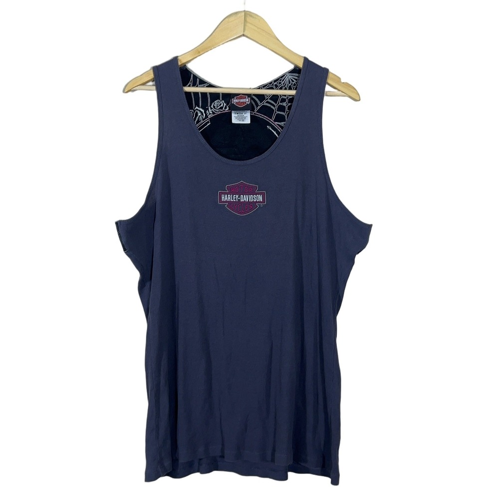 Harley Davidson Skull Spiderweb Tank Top Ribbed Graphic Blue Biker Size 1XW